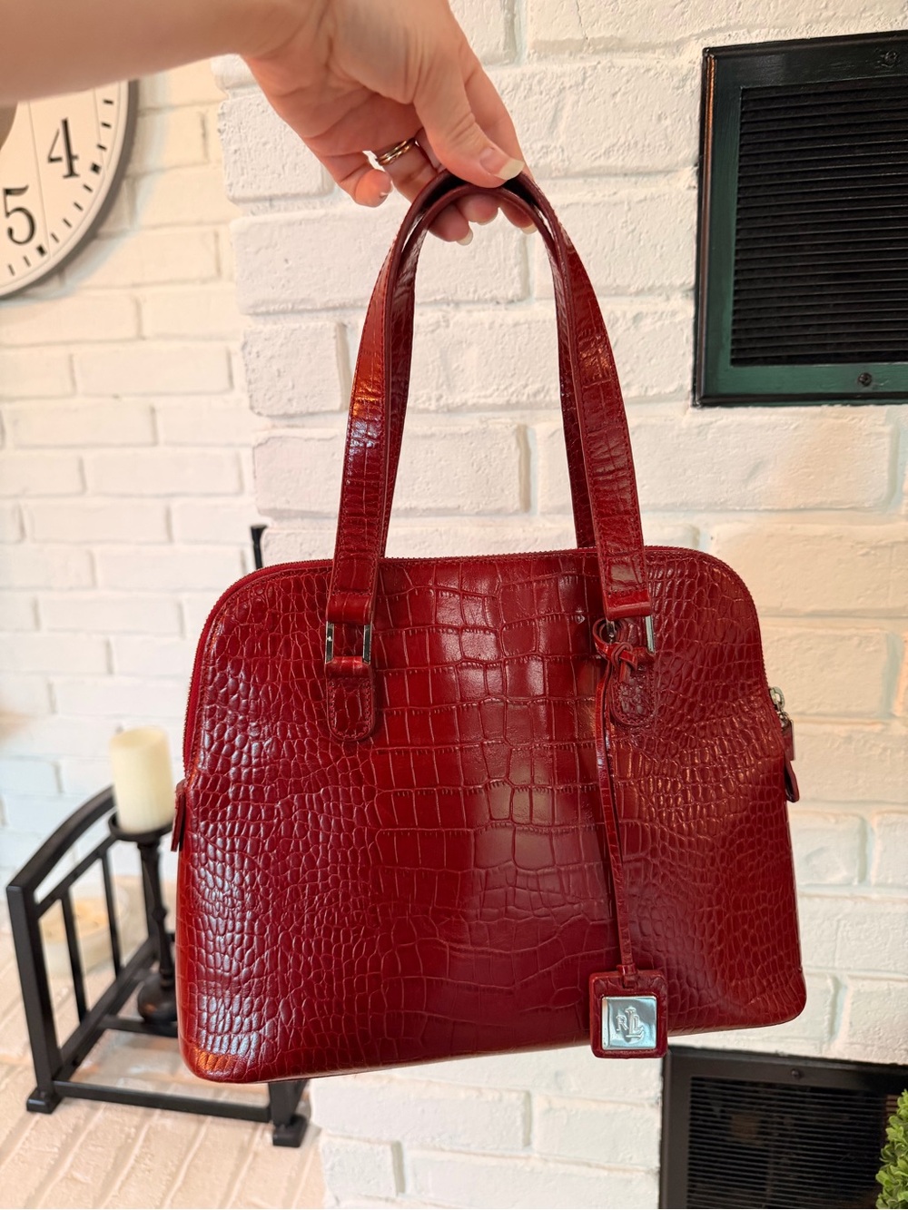 Lauren Ralph Lauren Croc-Embossed Structured Satchel Handbag - Deep Red